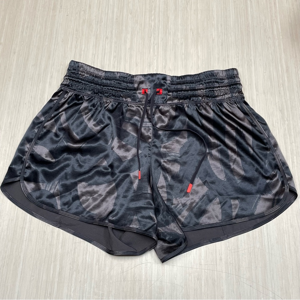Athleta Tenacity Shorts Sz Large Black Satin Style Boxing Waist Band Drawstring